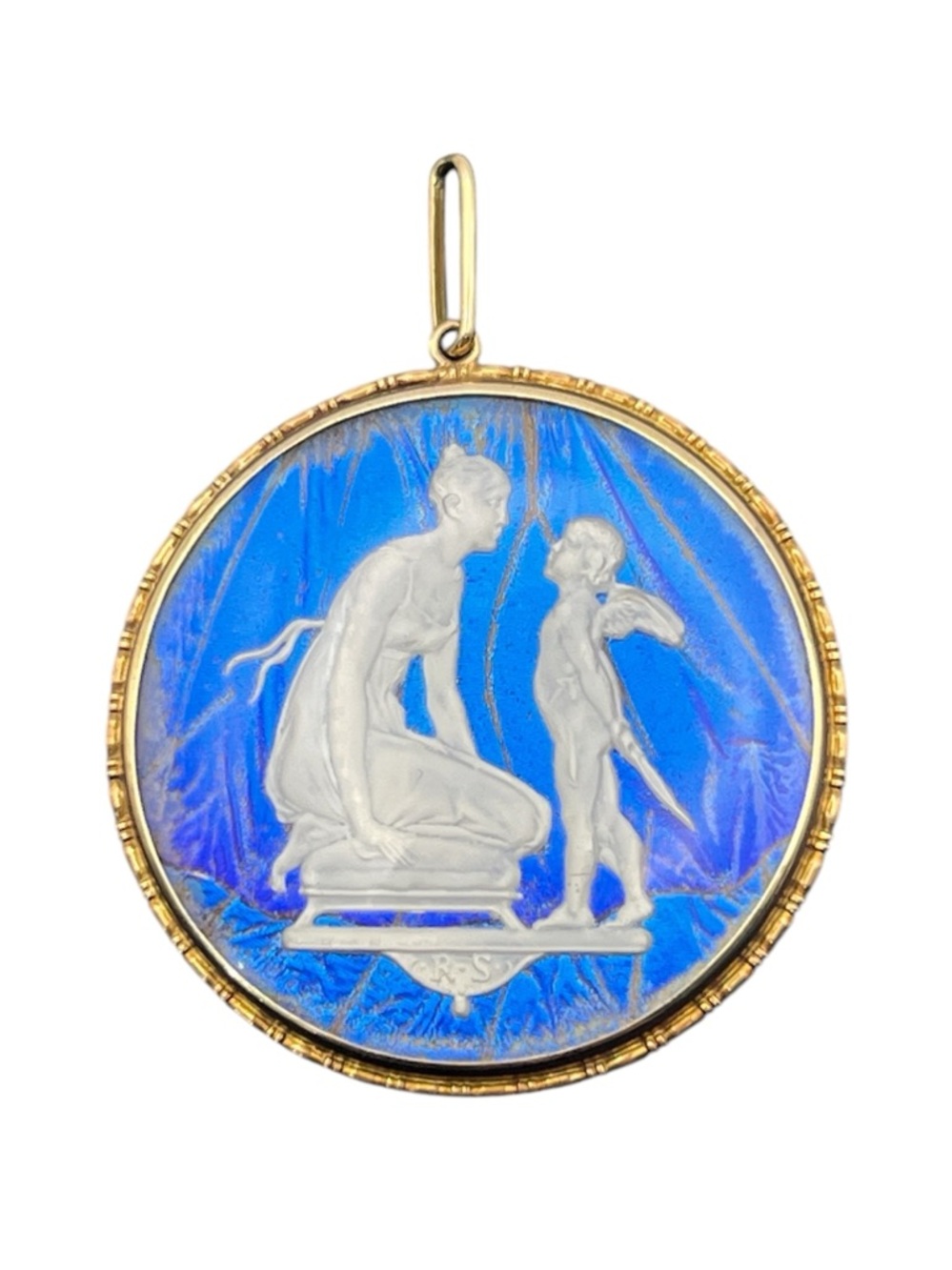 9ct Art Deco cameo of Venus Cupid iridescent blue Morpho butterfly wings pendant